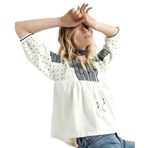 Lucky Brand Embroidered Peasant Top Tie Front Blouse Cotton Ivory Size M #889